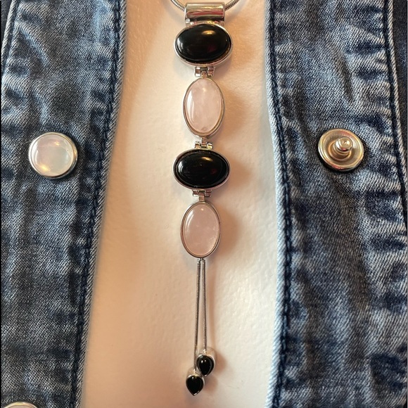 Sterling Onyx & Quartz Lariat Necklace 18"Necklace - Picture 3 of 15